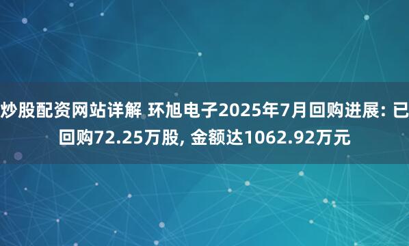 炒股配资网站详解 环旭电子2025年7月回购进展: 已回购72.25万股, 金额达1062.92万元